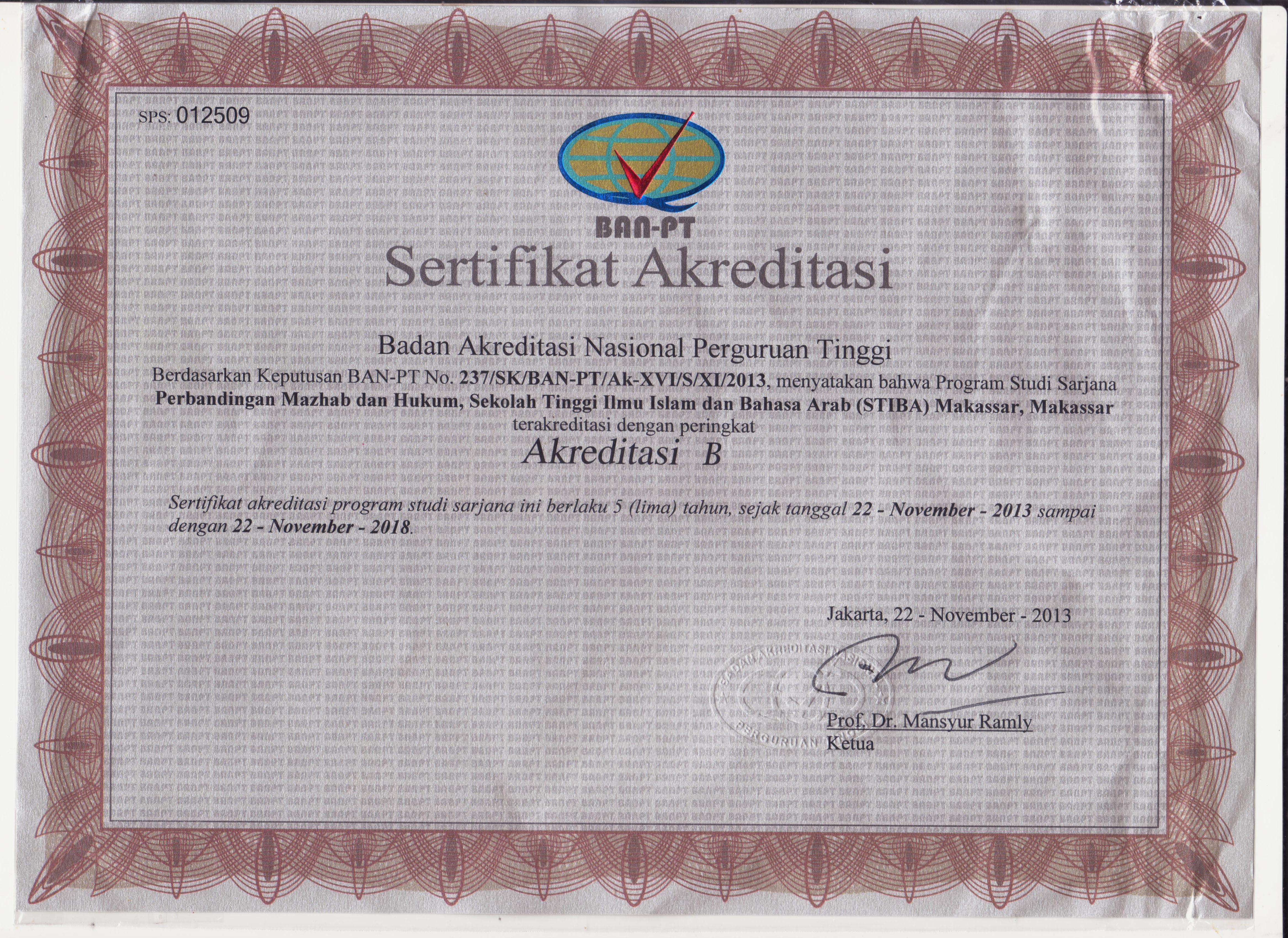Sertifikat Akreditasi STIBA Makassar