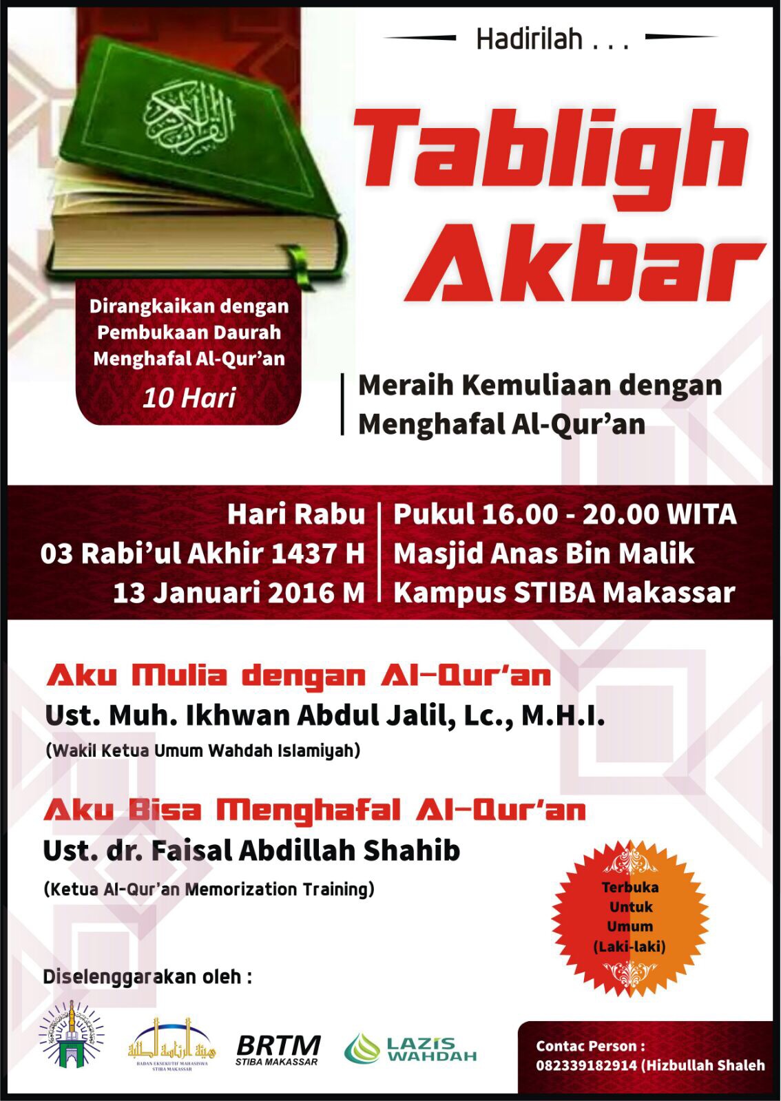 BRTM STIBA Makassar Adakan Tabligh Akbar dan Pembukaan Daurah 10 hari Menghafal Al-Qur’an
