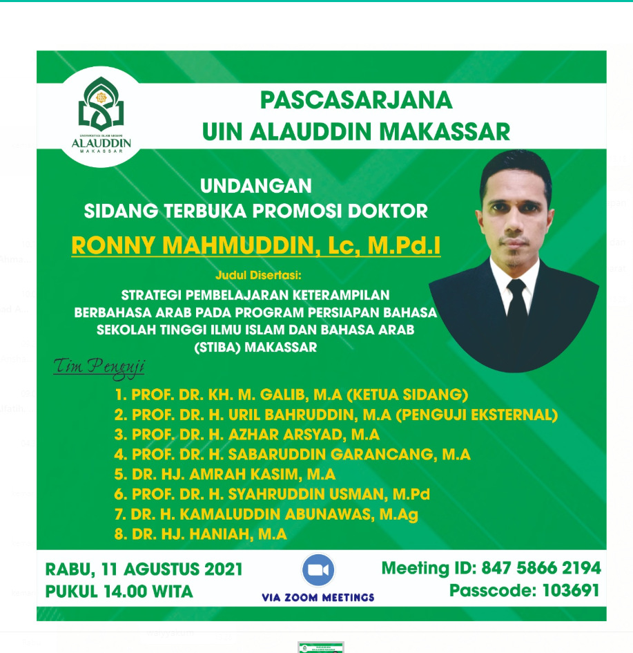 Kaji Strategi Pembelajaran Keterampilan Berbahasa Arab pada Program Persiapan Bahasa STIBA Makassar, Ustaz Ronny Mahmuddin Raih Gelar Doktor